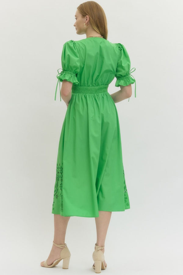Solid Embroidered Puff Sleeve Dress- Green