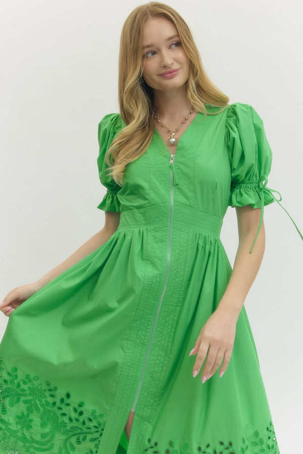 Solid Embroidered Puff Sleeve Dress- Green