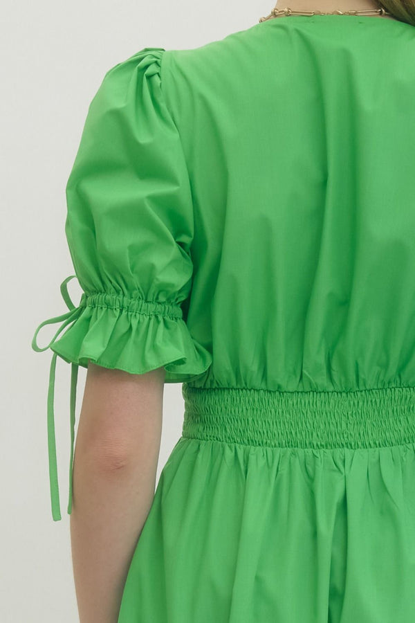 Solid Embroidered Puff Sleeve Dress- Green