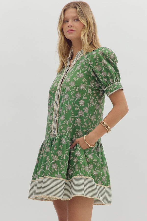 Floral Pleated Dress- Green