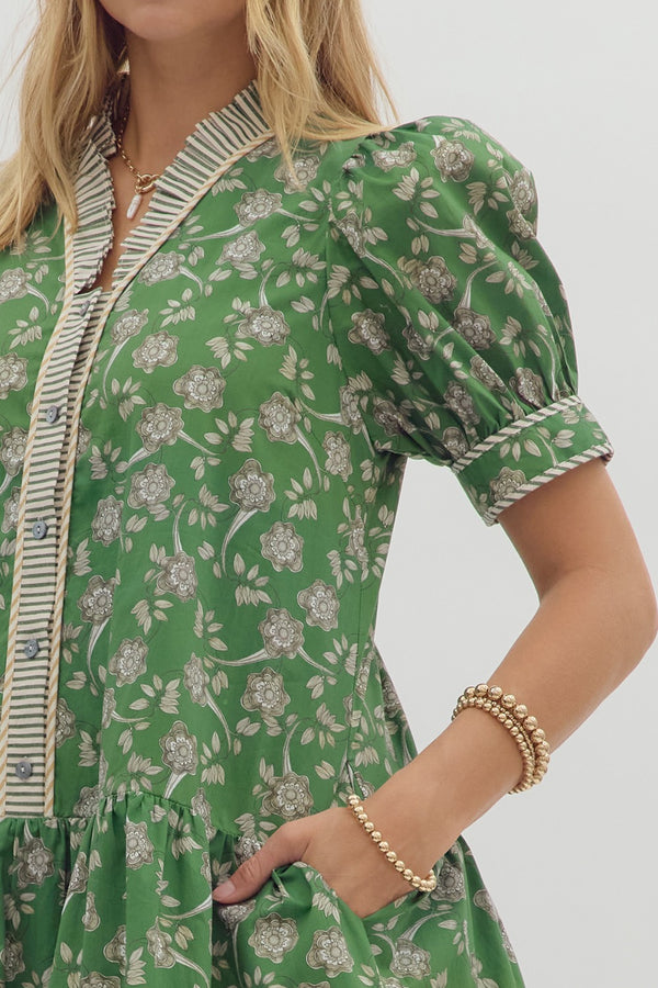 Floral Pleated Dress- Green