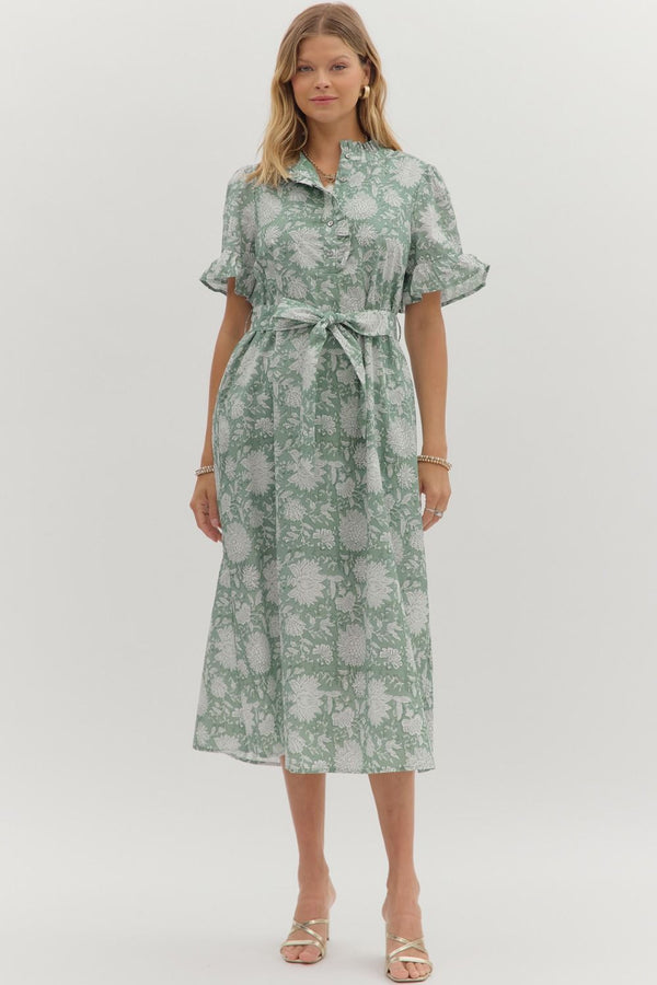 Floral Ruffle Hem Dress- Forest