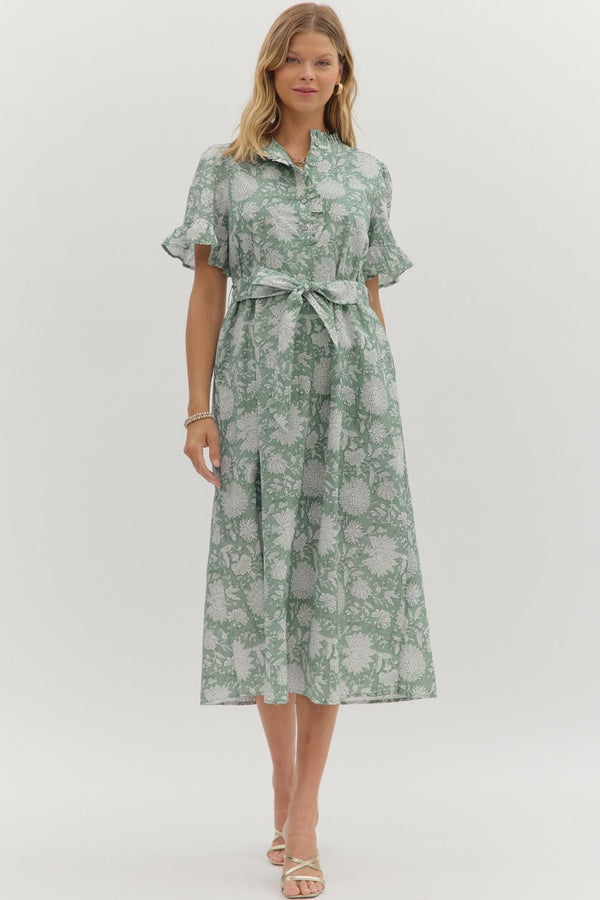 Floral Ruffle Hem Dress- Forest