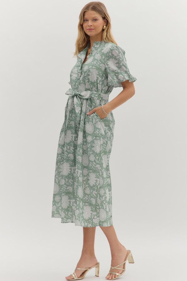 Floral Ruffle Hem Dress- Forest