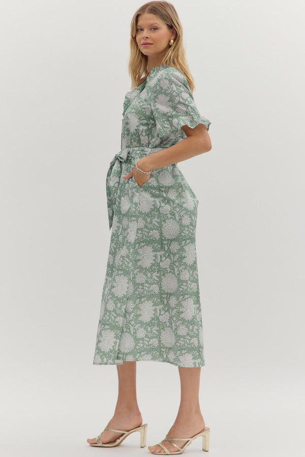 Floral Ruffle Hem Dress- Forest