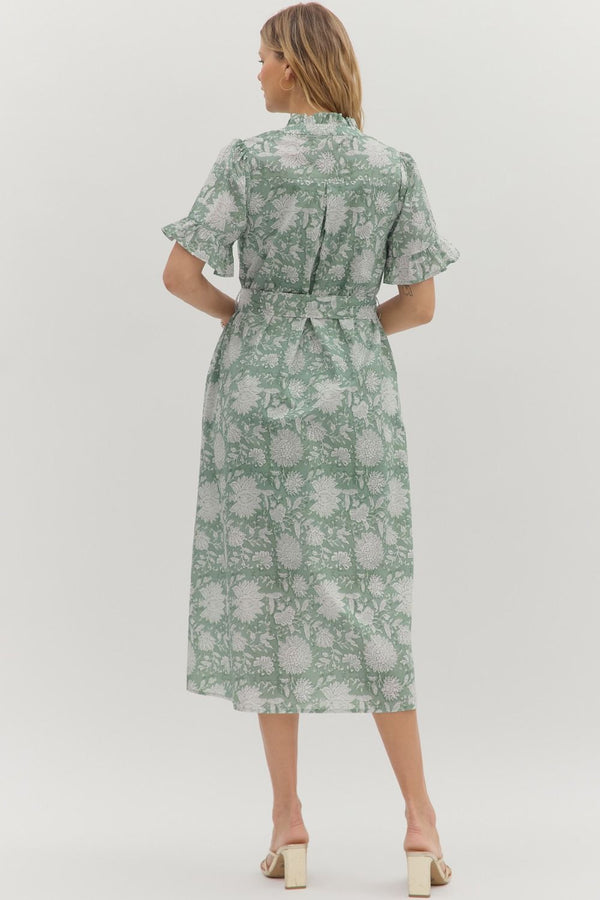 Floral Ruffle Hem Dress- Forest