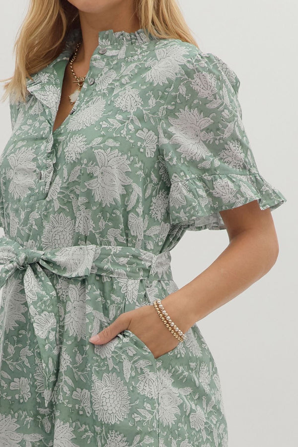 Floral Ruffle Hem Dress- Forest