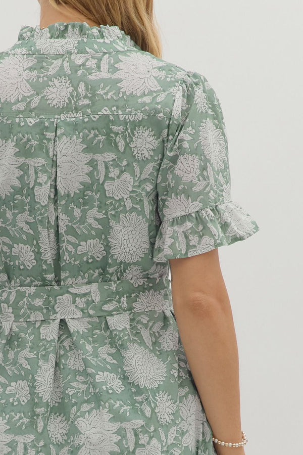 Floral Ruffle Hem Dress- Forest