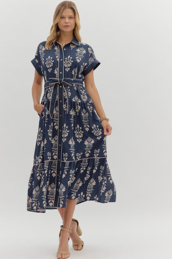 Botanical Pattern Dress- Navy