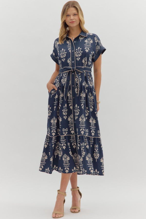 Botanical Pattern Dress- Navy