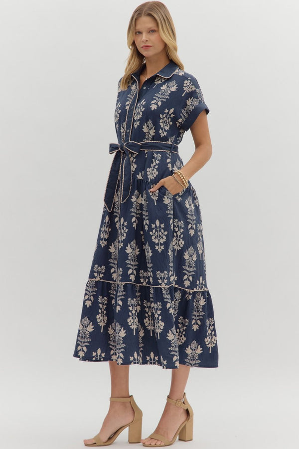 Botanical Pattern Dress- Navy