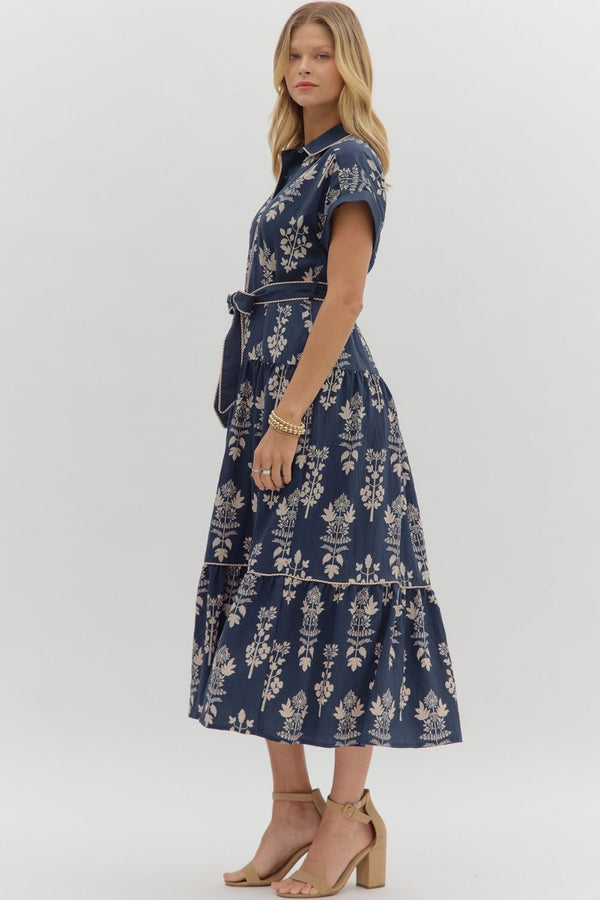 Botanical Pattern Dress- Navy