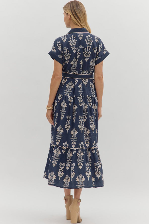 Botanical Pattern Dress- Navy