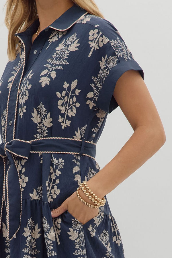 Botanical Pattern Dress- Navy