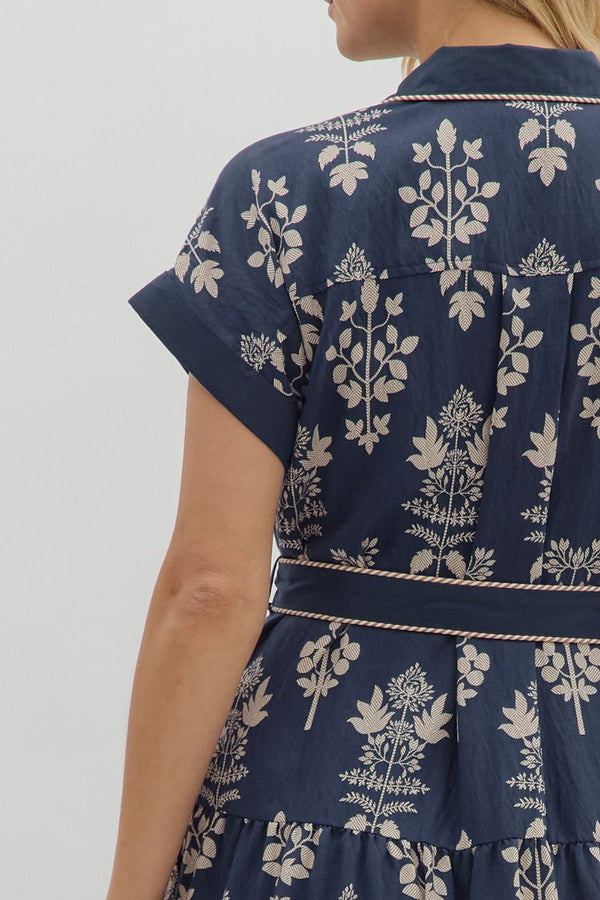 Botanical Pattern Dress- Navy