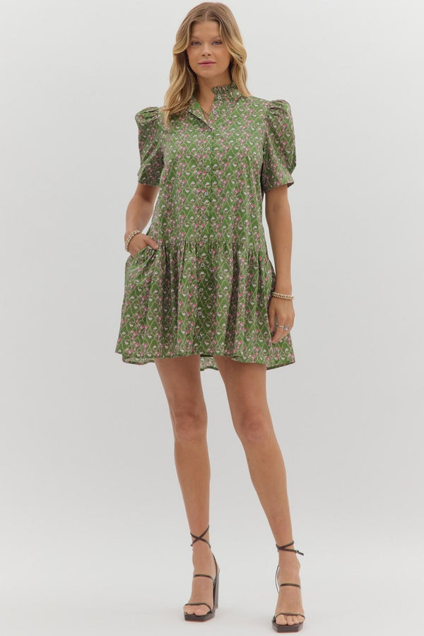 Diamond Lattice Floral Ruffle Dress- Olive