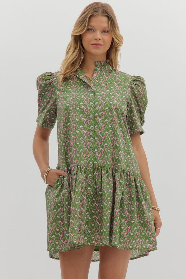 Diamond Lattice Floral Ruffle Dress- Olive