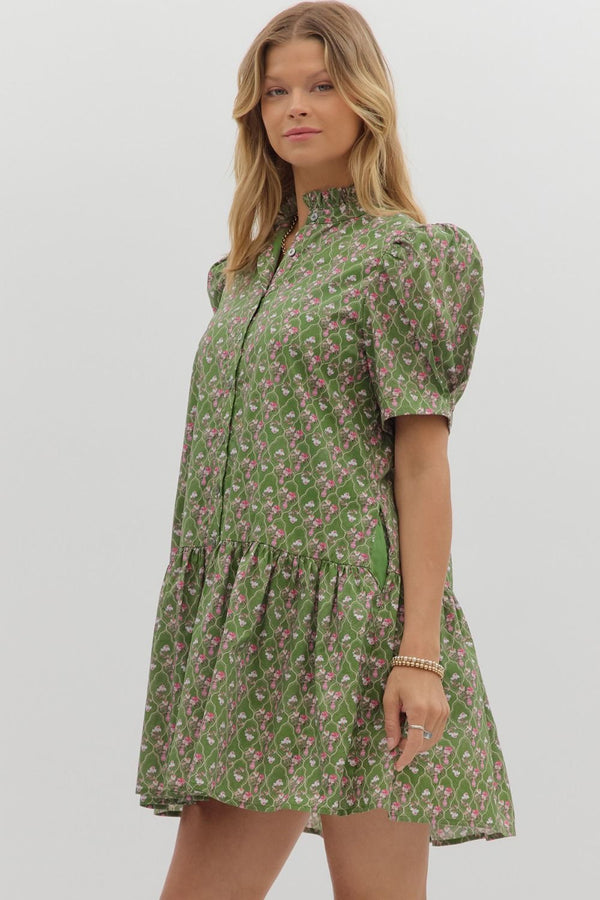 Diamond Lattice Floral Ruffle Dress- Olive