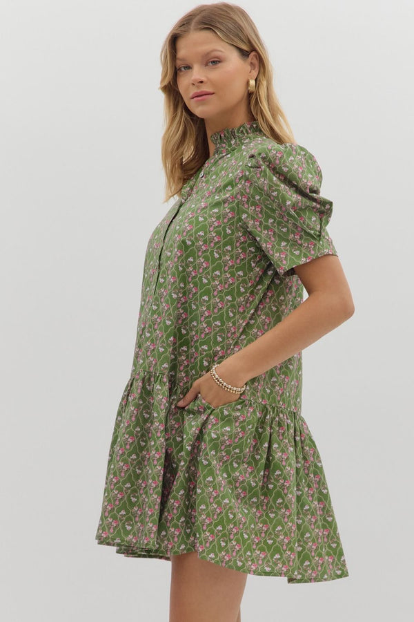 Diamond Lattice Floral Ruffle Dress- Olive