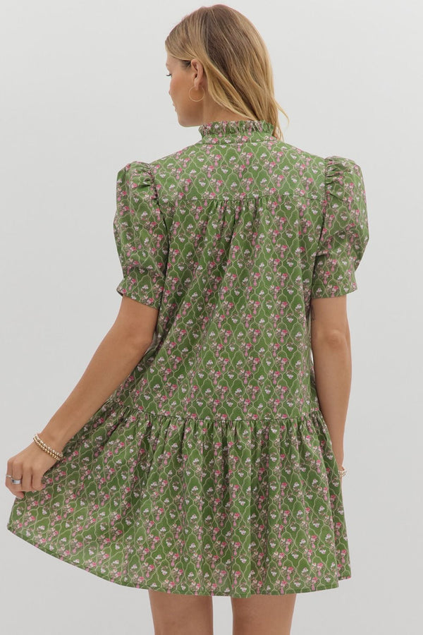 Diamond Lattice Floral Ruffle Dress- Olive