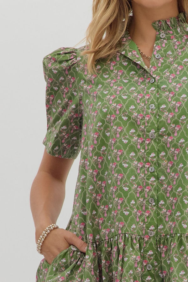 Diamond Lattice Floral Ruffle Dress- Olive