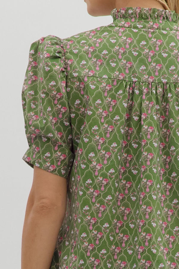 Diamond Lattice Floral Ruffle Dress- Olive