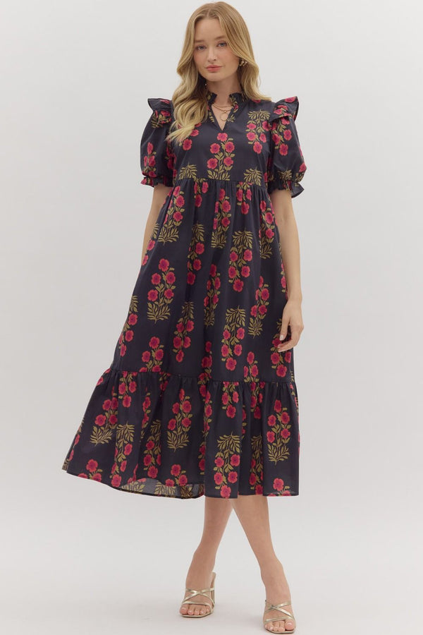 Floral Puff Sleeve Dress- Black