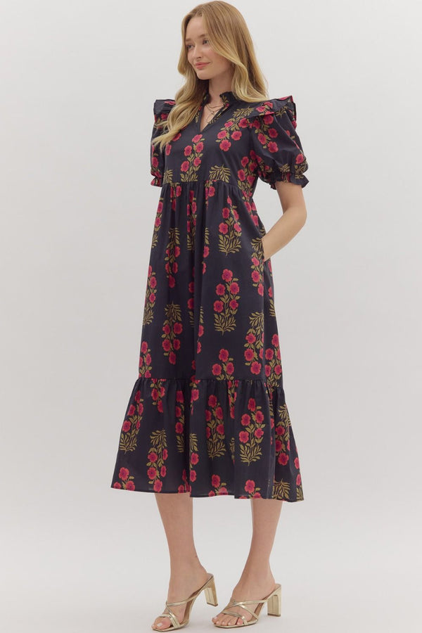 Floral Puff Sleeve Dress- Black