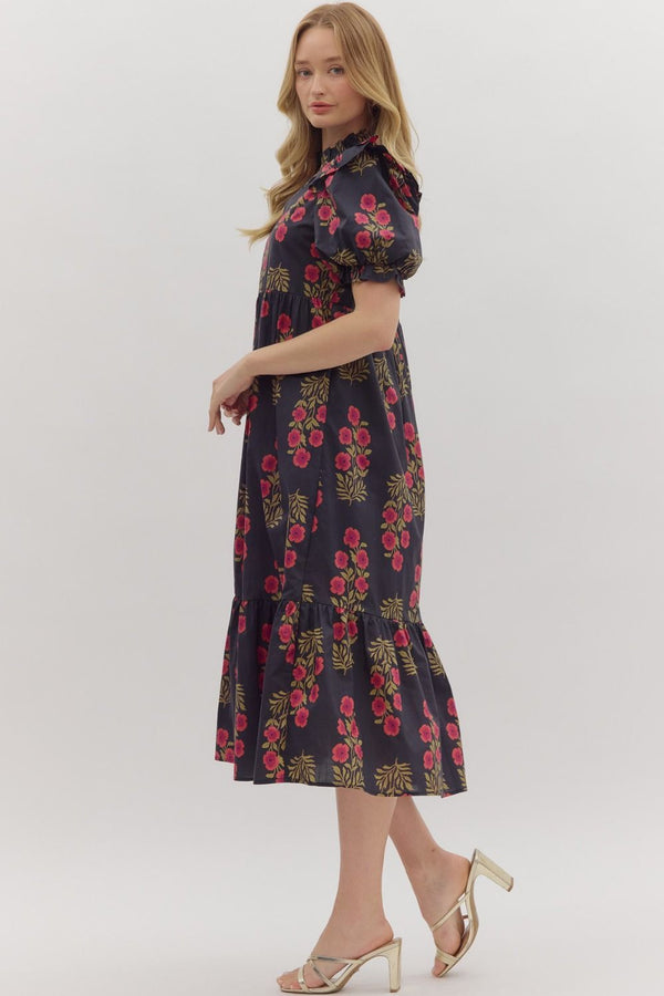 Floral Puff Sleeve Dress- Black