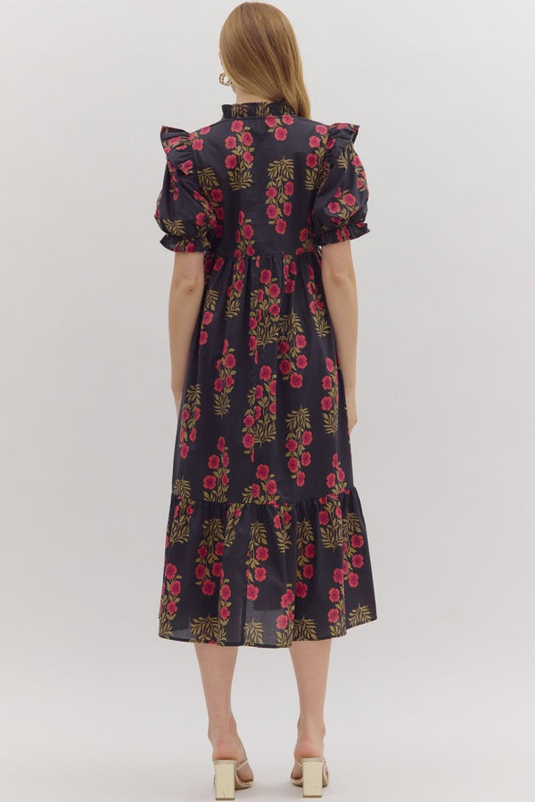 Floral Puff Sleeve Dress- Black