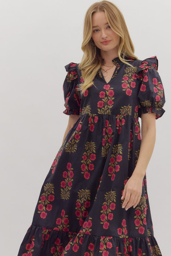 Floral Puff Sleeve Dress- Black