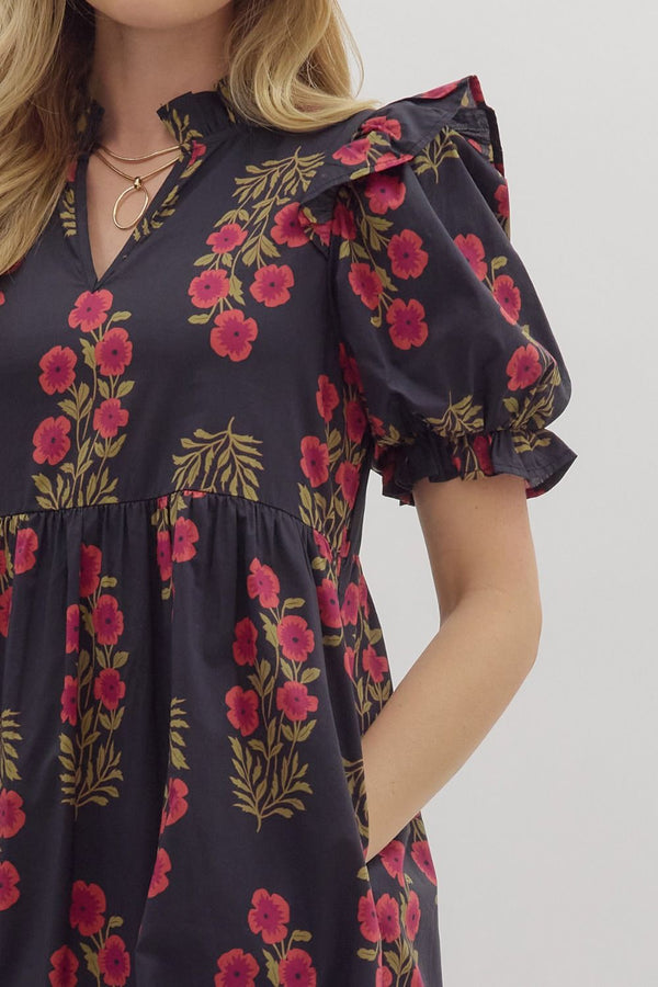 Floral Puff Sleeve Dress- Black