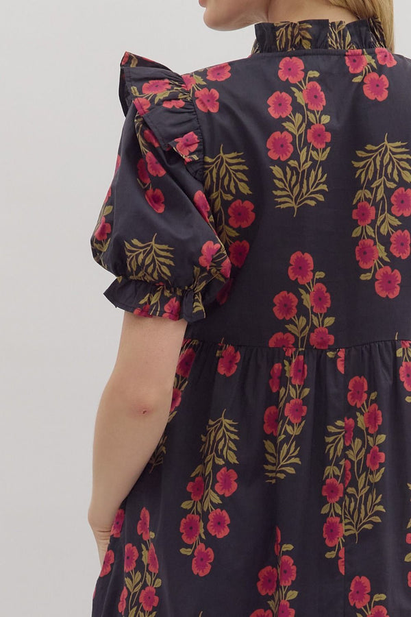 Floral Puff Sleeve Dress- Black
