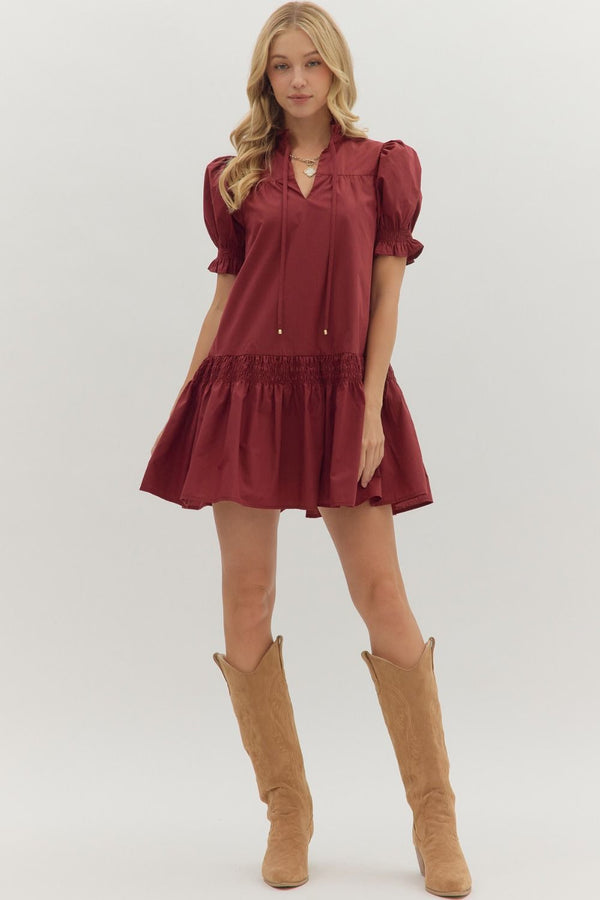 Solid Puff Sleeve V-Neck Dress- Burgundy