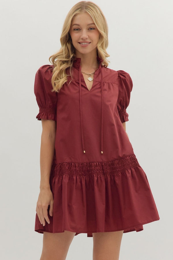 Solid Puff Sleeve V-Neck Dress- Burgundy