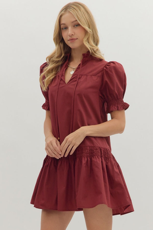 Solid Puff Sleeve V-Neck Dress- Burgundy
