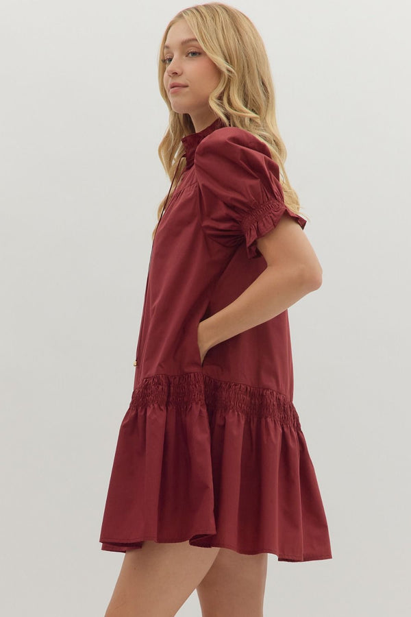 Solid Puff Sleeve V-Neck Dress- Burgundy