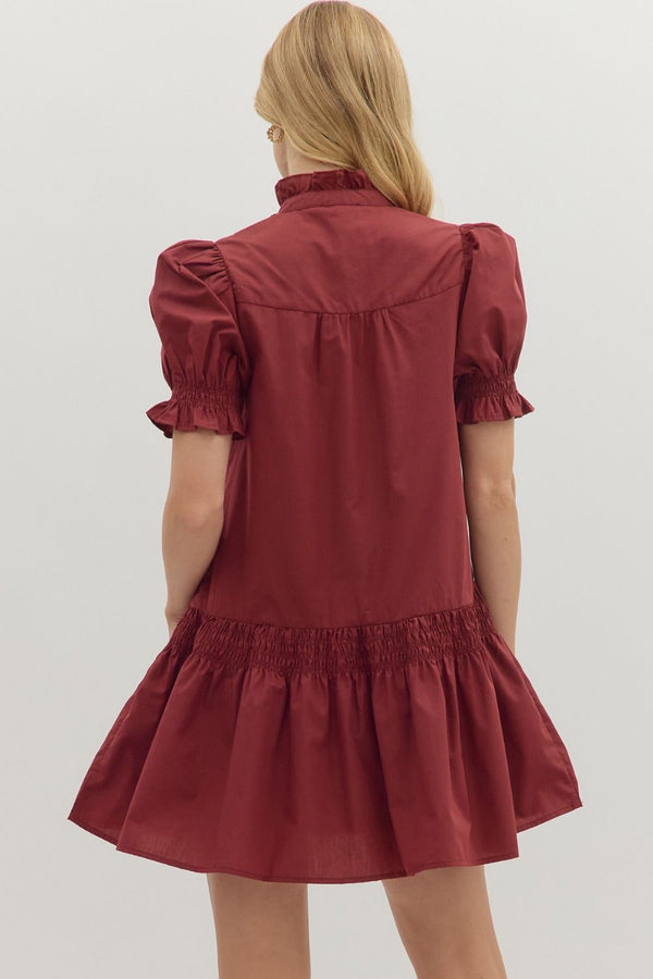 Solid Puff Sleeve V-Neck Dress- Burgundy
