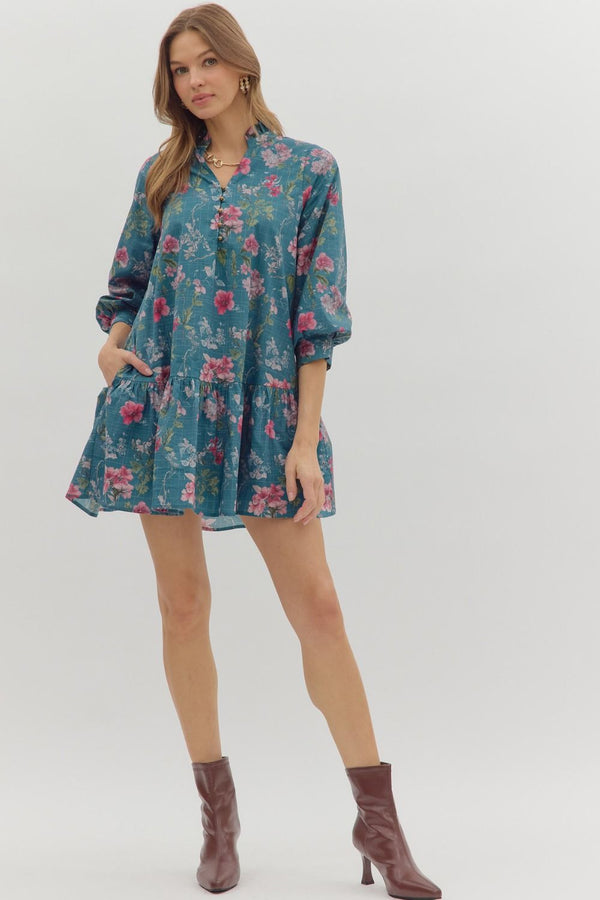 Floral Ruffle Cuff Band ¾ Sleeve Dress- Teal