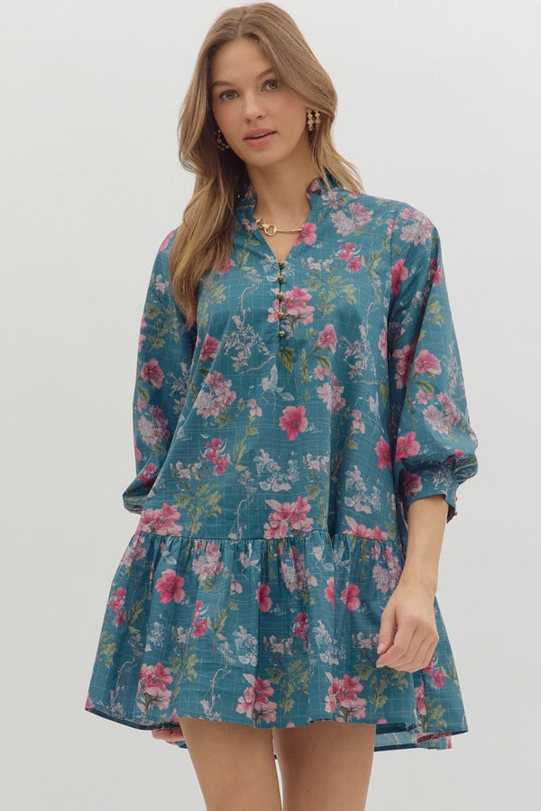 Floral Ruffle Cuff Band ¾ Sleeve Dress- Teal