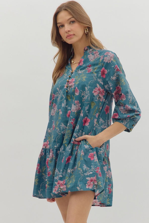 Floral Ruffle Cuff Band ¾ Sleeve Dress- Teal