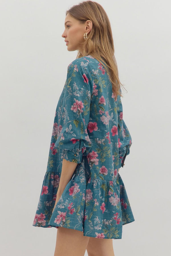 Floral Ruffle Cuff Band ¾ Sleeve Dress- Teal