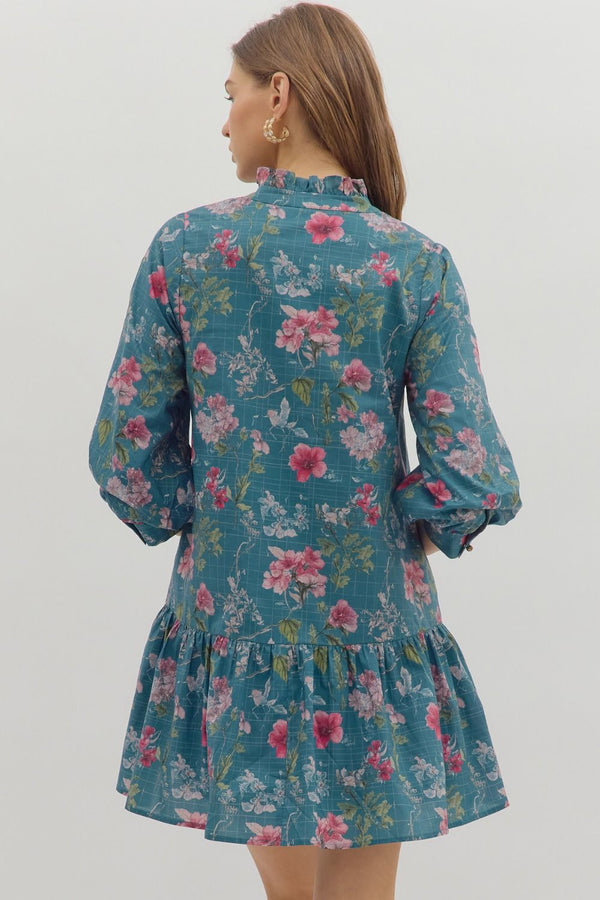 Floral Ruffle Cuff Band ¾ Sleeve Dress- Teal