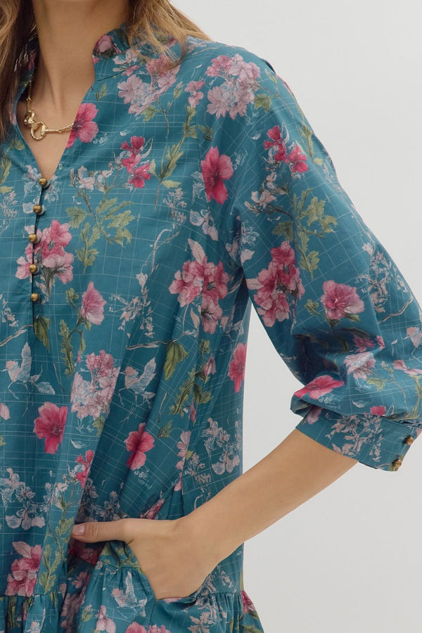 Floral Ruffle Cuff Band ¾ Sleeve Dress- Teal