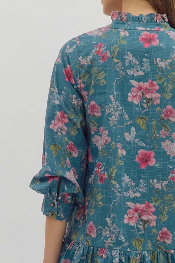 Floral Ruffle Cuff Band ¾ Sleeve Dress- Teal