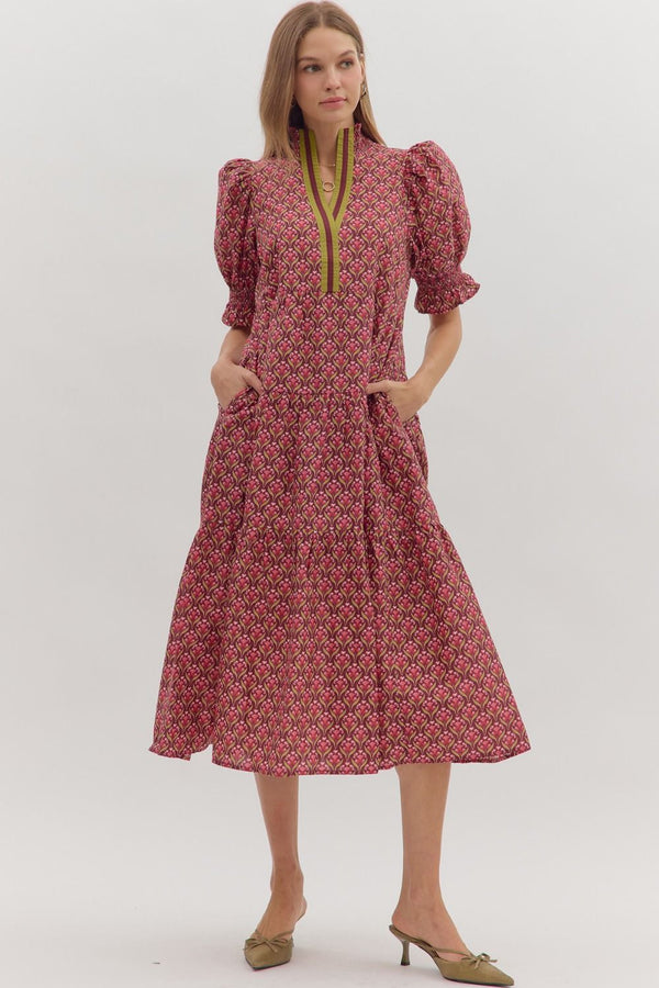 Botanical Puff Sleeve Dress- Wine