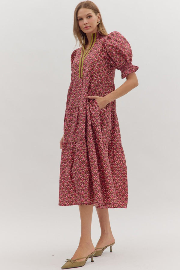 Botanical Puff Sleeve Dress- Wine