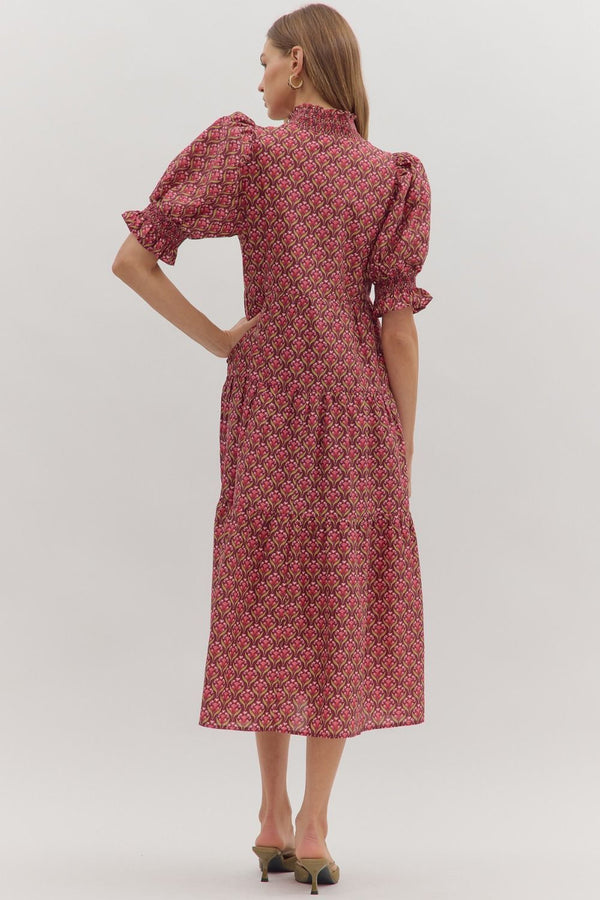 Botanical Puff Sleeve Dress- Wine