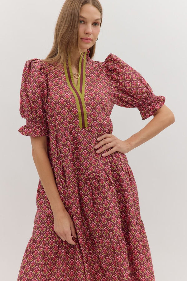 Botanical Puff Sleeve Dress- Wine