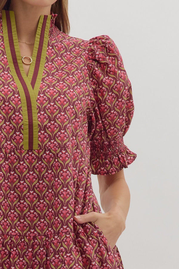 Botanical Puff Sleeve Dress- Wine